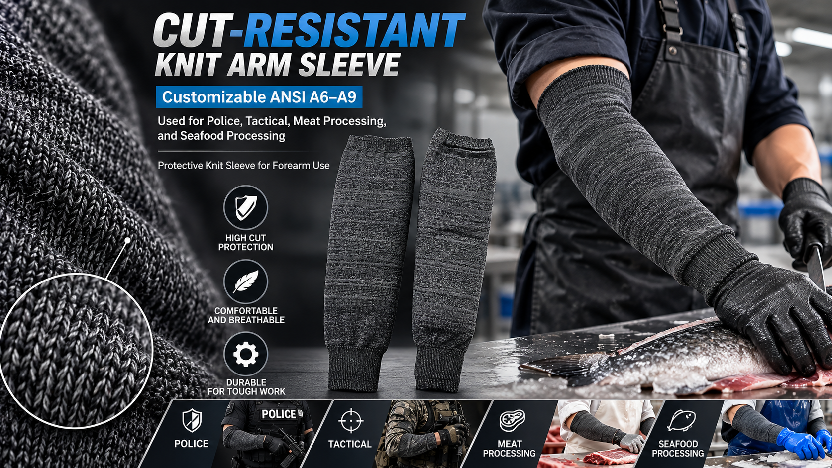 TS COMPANY cut-resistant knit arm sleeve: protective sleeve fabric, products and a seafood processing worker wearing arm protection