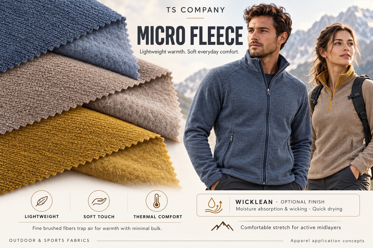 TS COMPANY micro fleece fabric in blue, taupe and ochre with track jacket and winter midlayer application concepts