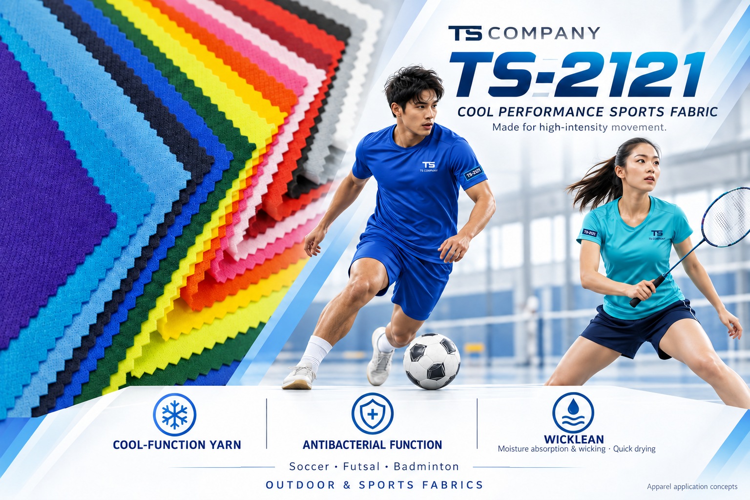 TS-2121 colorful sports fabric swatches with TS-branded soccer and badminton apparel application concepts