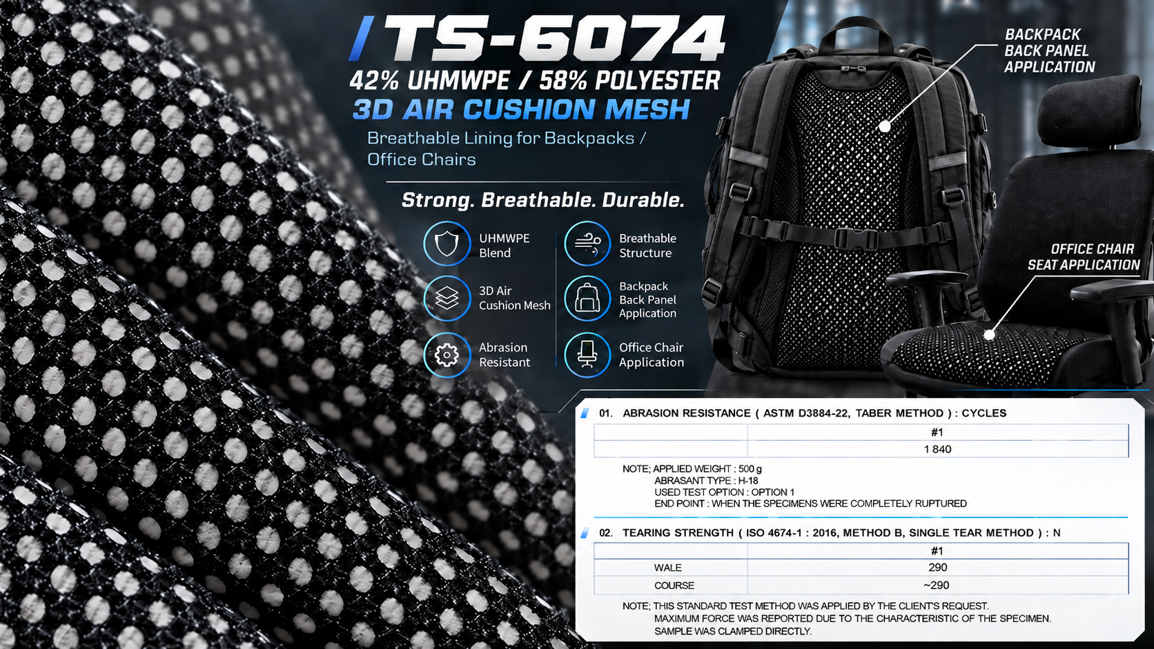 TS-6074 UHMWPE blend 3D air cushion mesh, backpack and office chair applications with test results