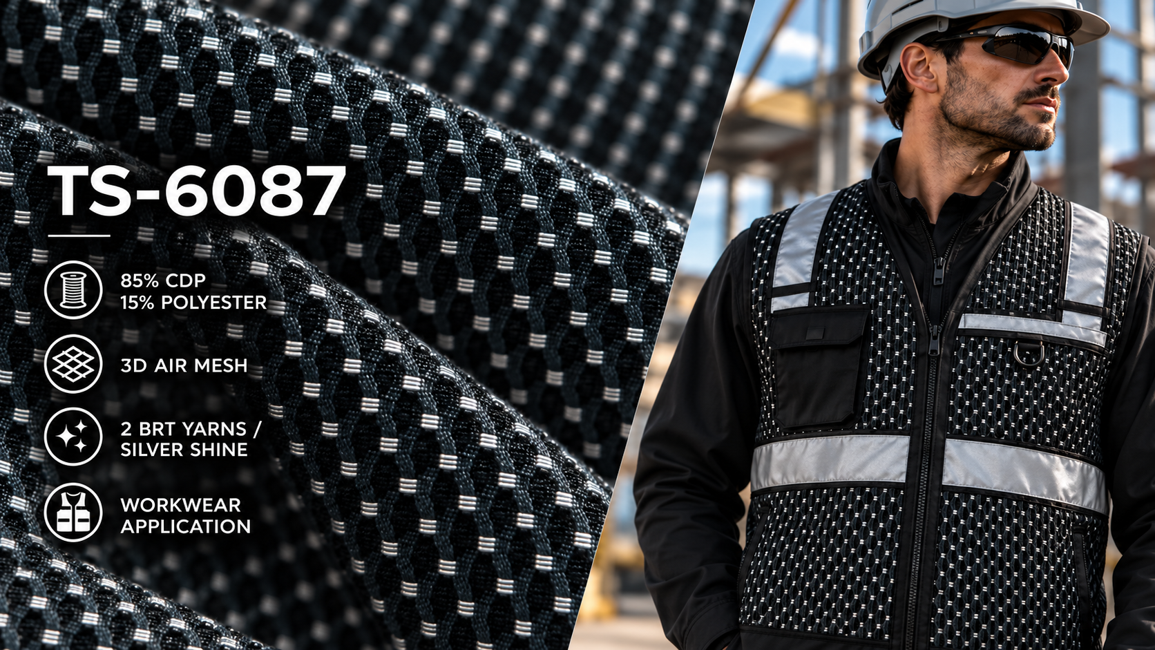 TS-6087 3D air mesh fabric with silver sheen and workwear vest application
