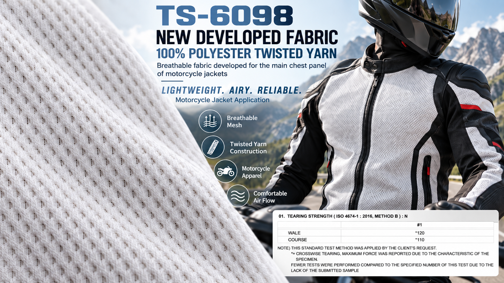 TS-6098 polyester twisted yarn mesh, motorcycle jacket chest application and test results