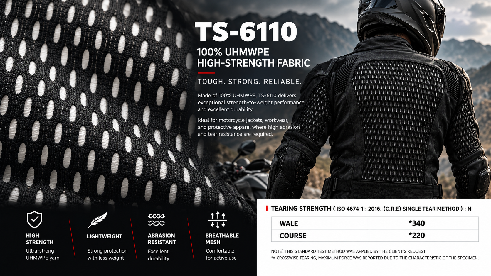 TS-6110 100% UHMWPE fabric, motorcycle jacket rear view and tearing strength test results