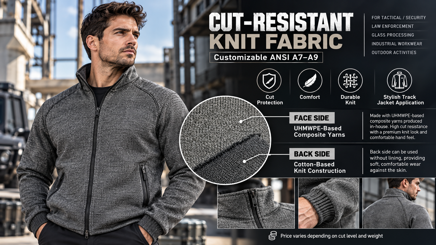 TS COMPANY UHMWPE cut-resistant knit fabric with a cotton-based back, track jacket application and custom ANSI A7–A9 production information